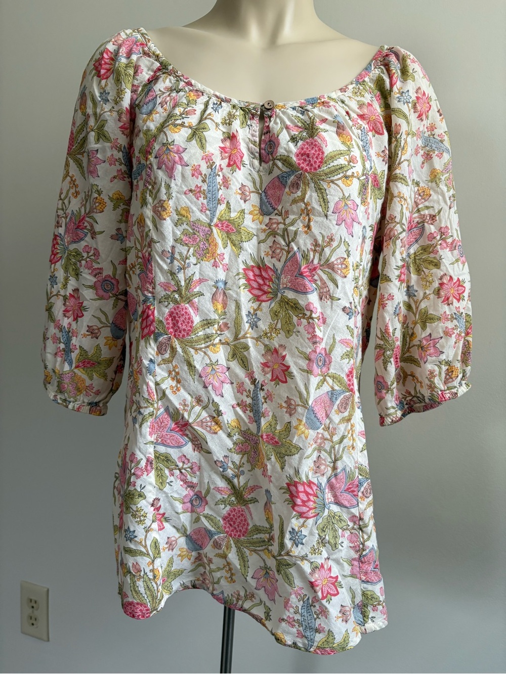 Lucky Brand Floral Block Print Boho Peasant Top Cotton Pink Green Size Medium